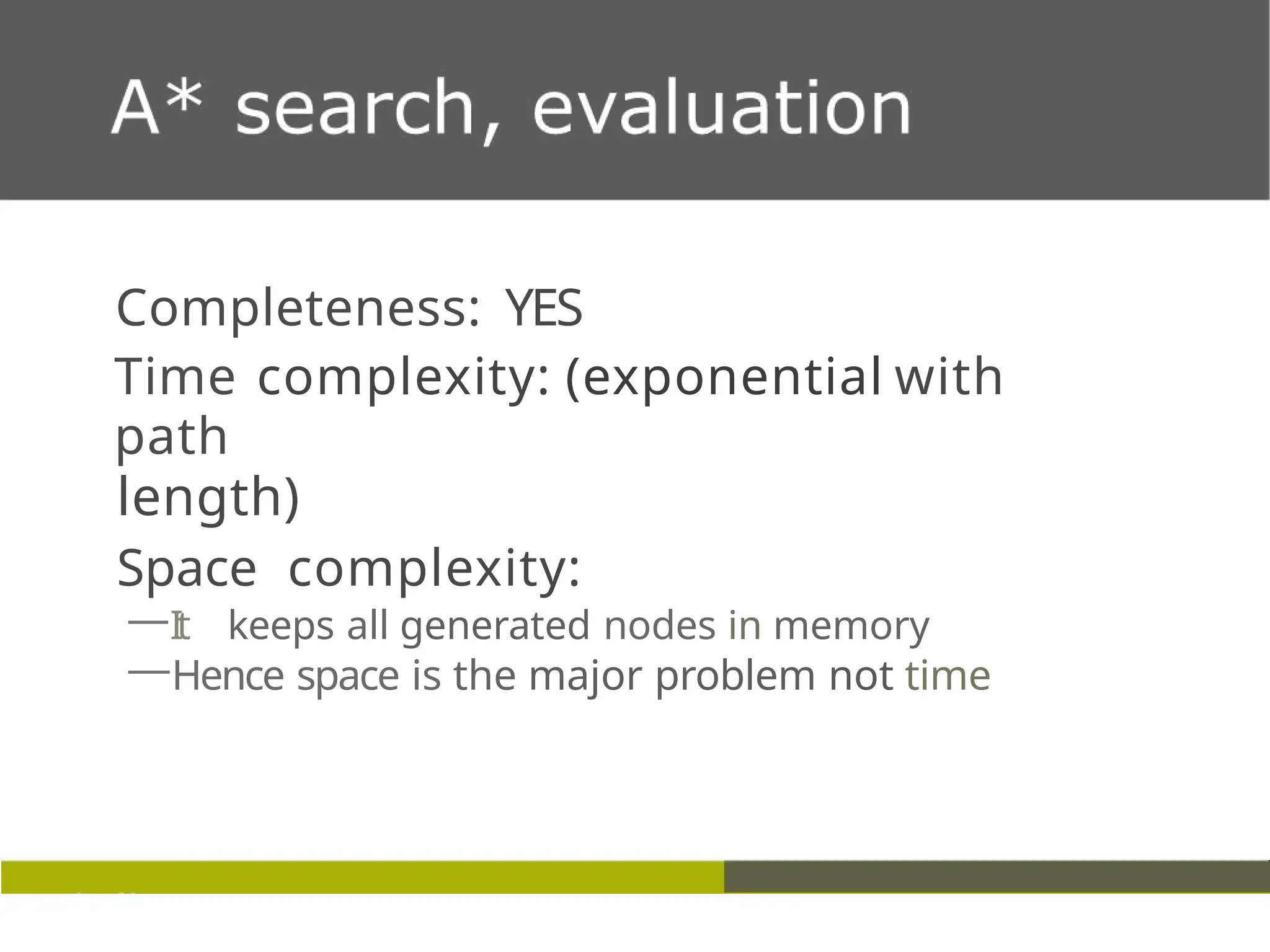 Completeness: YES
Time complexity: (exponential with
path
length)
Space complexity:
—It keeps all generated nodes in memory
—Hence space is the major problem not time
 