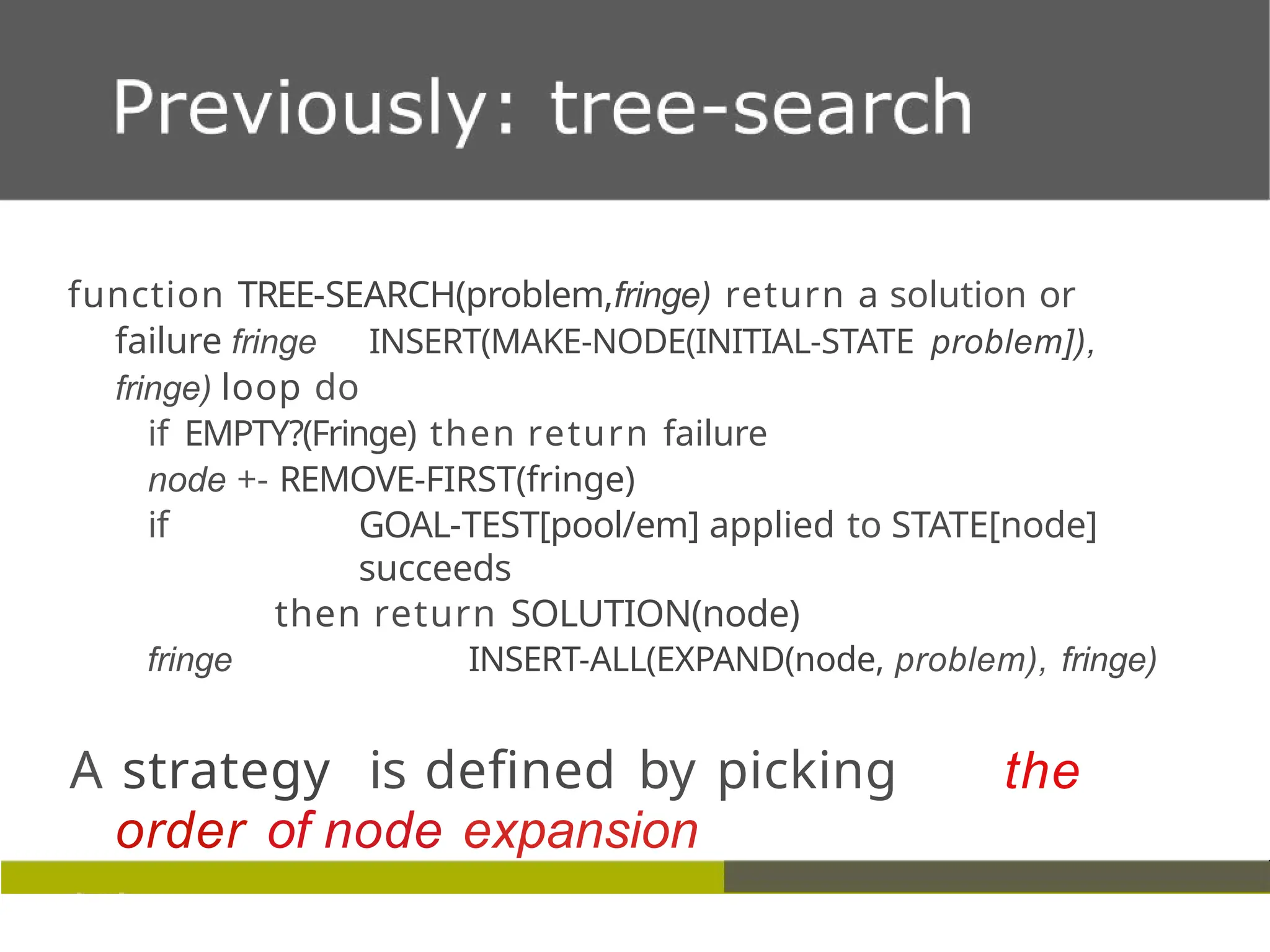 function TREE-SEARCH(problem,fringe) return a solution or
failure fringe INSERT(MAKE-NODE(INITIAL-STATE problem]),
fringe) loop do
if EMPTY?(Fringe) then return failure
node +- REMOVE-FIRST(fringe)
if GOAL-TEST[pool/em] applied to STATE[node]
succeeds
then return SOLUTION(node)
fringe INSERT-ALL(EXPAND(node, problem), fringe)
A strategy is defined by picking the
order of node expansion
 