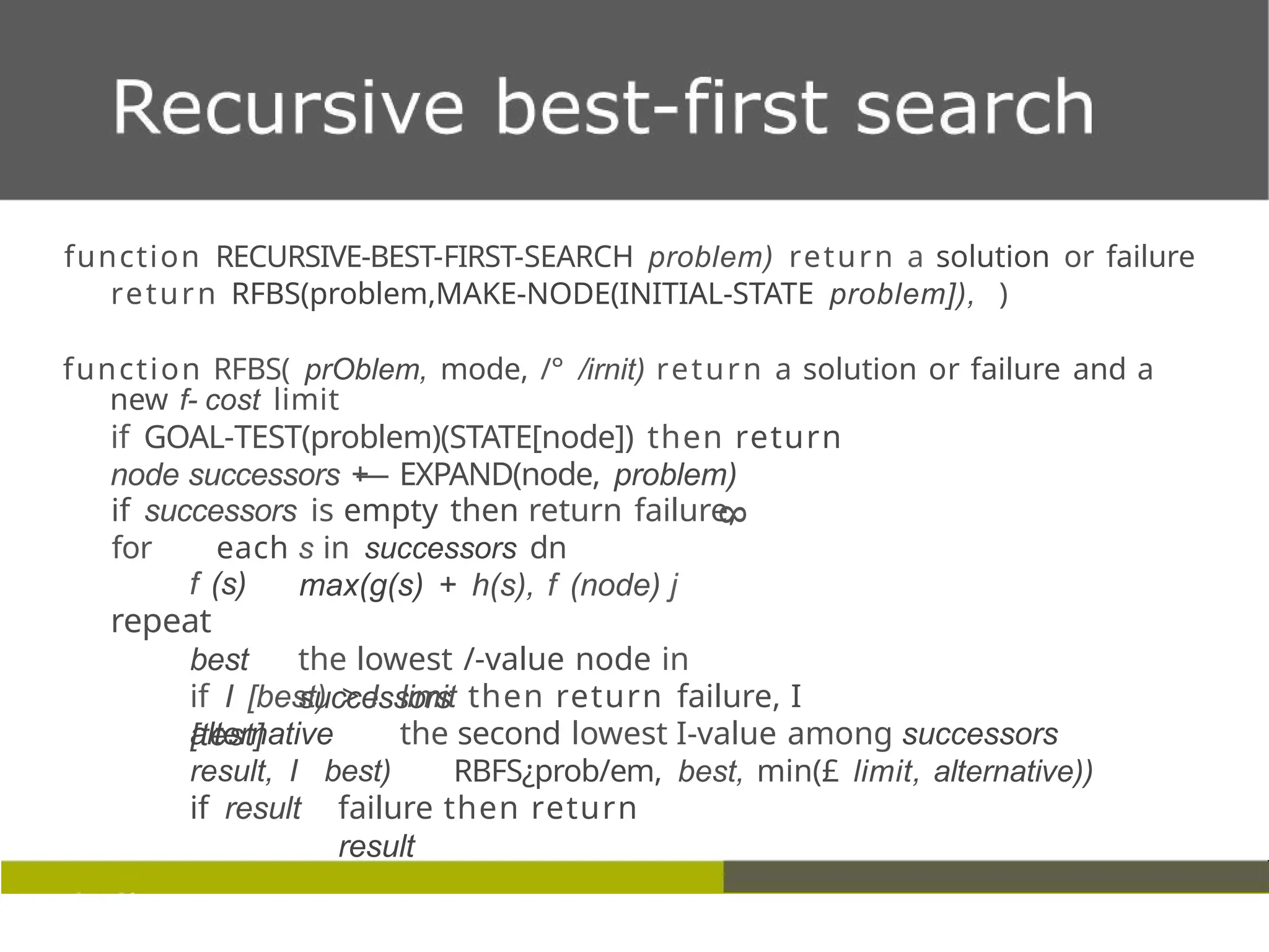 8
function RECURSIVE-BEST-FIRST-SEARCH problem) return a solution or failure
return RFBS(problem,MAKE-NODE(INITIAL-STATE problem]), )
function RFBS( prOblem, mode, /° /irnit) return a solution or failure and a
new f- cost limit
if GOAL-TEST(problem)(STATE[node]) then return
node successors +
— EXPAND(node, problem)
if successors is empty then return failure,
for each s in successors dn
max(g(s) + h(s), f (node) j
f (s)
repeat
best the lowest /-value node in
successors
if I [best) > I limit then return failure, I
[test]
alternative the second lowest I-value among successors
RBFS¿prob/em, best, min(£ limit, alternative))
result, I best)
if result failure then return
result
 