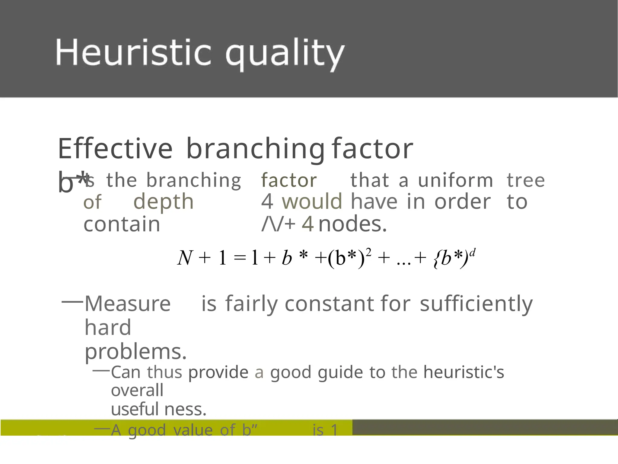 Effective branching factor
b*
—Is the branching factor that a uniform tree
of depth 4 would have in order to
contain //+ 4 nodes.
N + 1 = l + b * +(b*)2
+ ...+ {b*)d
—Measure is fairly constant for sufficiently
hard
problems.
—Can thus provide a good guide to the heuristic's
overall
useful ness.
—A good value of b” is 1
 