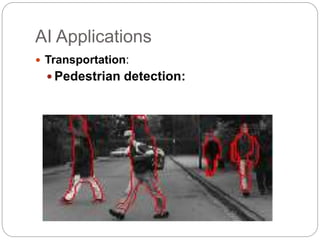 AI Applications
 Transportation:
 Pedestrian detection:
 