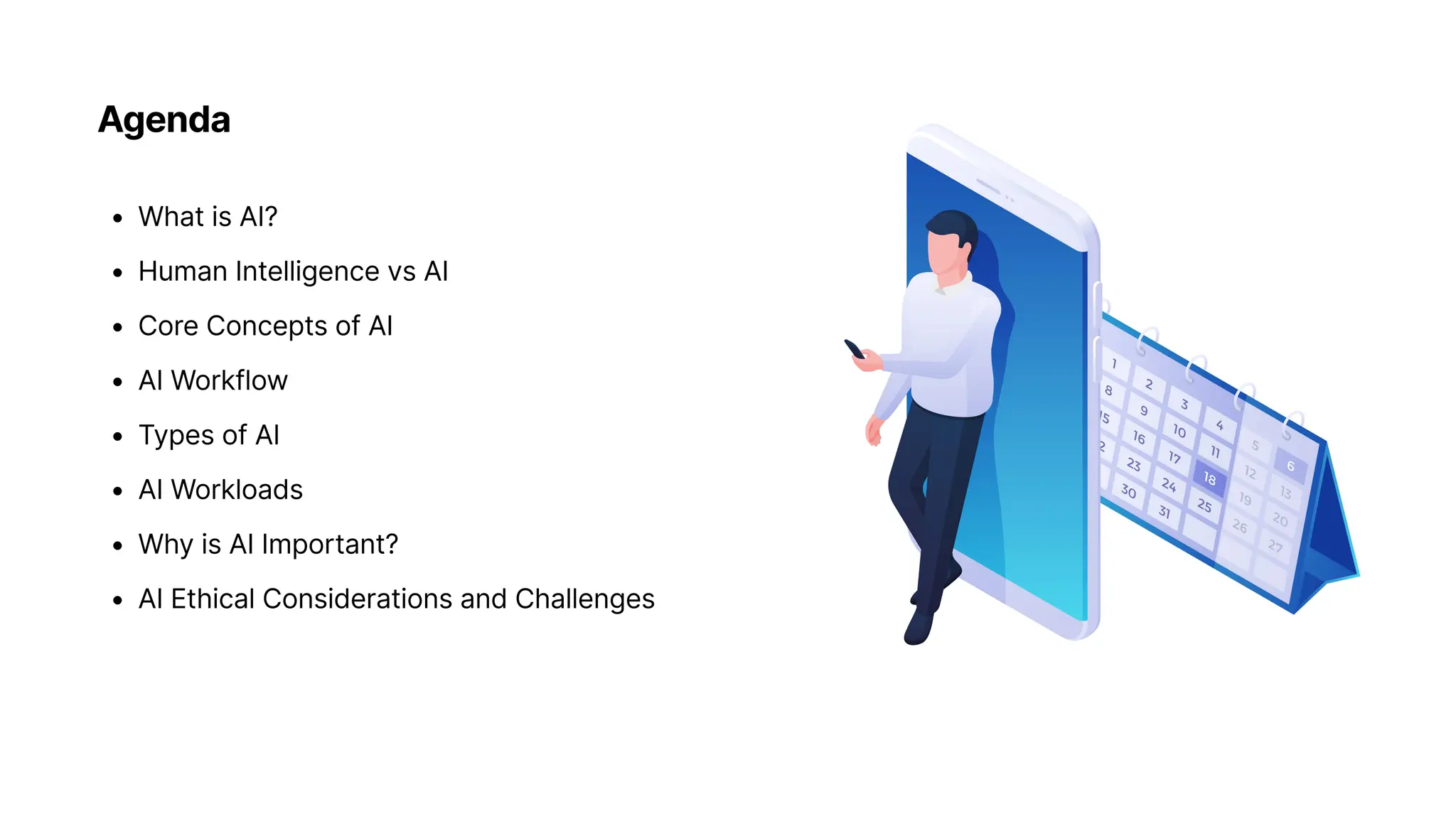 Agenda
What is AI
Human Intelligence vs A
Core Concepts of A
AI Workflo
Types of A
AI Workload
Why is AI Important
AI Ethical Considerations and Challenges 

 