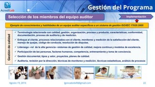 22Agosto 19, 2016 lgonzalezb49@gmail.com
Gestión del Programa
Selección de los miembros del equipo auditor Implementación
 Terminología relacionada con calidad, gestión, organización, proceso y producto, características, conformidad,
documentación, proceso de auditoría y de medición.
 Enfoque al cliente, procesos relacionados con el cliente, monitoreo y medición de la satisfacción del cliente,
manejo de quejas, código de conducta, resolución de disputas.
 Liderazgo –rol de la alta gerencia– sistemas de gestión de calidad, mejora continua y modelos de excelencia.
 Participación de las personas, factores humanos, competencia, entrenamiento y toma de conciencia.
 Gestión documental, tipos y valor, proyectos, planes de calidad.
 Auditoría, revisión por la dirección, técnicas de monitoreo y medición, técnicas estadísticas, análisis de procesos
Gestióndecalidad
Ejemplo de conocimientos y habilidades de un equipo auditor específicos a un sistema de gestión ISO/IEC 17025:2005
 