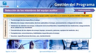 23Agosto 19, 2016 lgonzalezb49@gmail.com
Gestión del Programa
 Terminología técnica específica al campo
 Métodos de ensayo relacionados, técnicas aplicables el ensayo, procesamiento e integración de datos.
 Validación de métodos de ensayo, evaluación de la incertidumbre, trazabilidad de las mediciones, aseguramiento
de la calidad de los resultados
 Características de los objetos de ensayo (equipo, accesorio, patrones, equipos de medición, etc.)
 Competencias, conocimientos y habilidades requerida para el ensayo
 Insumos: especificaciones técnicas, uso, mantenimiento
Competenciatécnica
Ejemplo de conocimientos y habilidades de un equipo auditor específicos a un sistema de gestión ISO/IEC 17025:2005
Selección de los miembros del equipo auditor Implementación
 