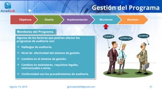 31Agosto 19, 2016 lgonzalezb49@gmail.com
Gestión del Programa
Objetivos Diseño Implementación Monitoreo Revisión
Algunos de los factores que podrían afectar los
programas de auditoría son:
 Hallazgos de auditoría.
 Nivel de efectividad del sistema de gestión.
 Cambios en el sistema de gestión.
 Cambios en estándares, requisitos legales,
contractuales u otros.
 Conformidad con los procedimientos de auditoría.
Monitoreo del Programa.
 