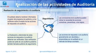 59Agosto 19, 2016 lgonzalezb49@gmail.com
Realización de las actividades de Auditoría
Realización de seguimiento a la auditoría
Las conclusiones de la auditoría pueden
indicar la necesidad de acciones
correctivas, preventivas, o de mejora.
Las acciones de respuesta a una auditoría
generalmente son decididas y
emprendidas por el auditado en un
intervalo de tiempo acordado.
El auditado debería mantener informados
al gestor del programa de auditoría y a los
auditores sobre el estado de las acciones
de respuesta a la auditoría.
La finalización y efectividad de estas
acciones de respuesta a la auditoría
deberían ser verificadas. Esta verificación
puede ser parte de una auditoría posterior,
también llamada auditoría de seguimiento.
Seguimiento
 