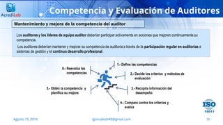 73
Competencia y Evaluación de Auditores
Agosto 19, 2016 lgonzalezb49@gmail.com
1.- Define las competencias
2.- Decide los criterios y métodos de
evaluación
3.- Recopila información del
desempeño
4.- Compara contra los criterios y
evalúa
5.- Obtén la competencia y
planifica su mejora
6.- Reevalúa las
competencias
Los auditores y los líderes de equipo auditor deberían participar activamente en acciones que mejoren continuamente su
competencia.
Los auditores deberían mantener y mejorar su competencia de auditoria a través de la participación regular en auditorías a
sistemas de gestión y el continuo desarrollo profesional.
Mantenimiento y mejora de la competencia del auditor
 