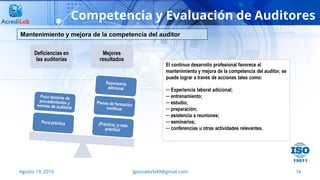 74
Competencia y Evaluación de Auditores
Agosto 19, 2016 lgonzalezb49@gmail.com
Mantenimiento y mejora de la competencia del auditor
El continuo desarrollo profesional favorece el
mantenimiento y mejora de la competencia del auditor, se
puede lograr a través de acciones tales como:
─ Experiencia laboral adicional;
─ entrenamiento;
─ estudio;
─ preparación;
─ asistencia a reuniones;
─ seminarios;
─ conferencias u otras actividades relevantes.
Deficiencias en
las auditorías
Mejores
resultados
 
