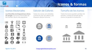 Las Plantillas de Diapositivas Libres
de Google usa Iconos Vectoriales de
las Fuentes Libres más populares
80freegoogleslidestemplates.com
Iconos Vectoriales Edición de Colores Tamaño de los Iconos
Iconos & formas
Todos los iconos son editables.
Cambie el color de relleno y de
líneassin afectar la forma.
Todos los íconos pueden cambiar de
tamaño. Cambie el tamaño de los
íconos sin perder la resolución.
Agosto 19, 2016
 
