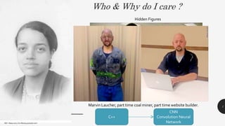 Who & Why do I care ?
1
Hidden Figures
Marvin Laucher, part time coal miner, part time website builder.
C++
CNN
Convolution Neural
NetworkRef – Nasa.com, Cnn Money,youtube.com
 
