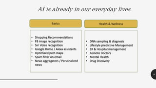 AI is already in our everyday lives
16
Health & WellnessBasics
• DNA sampling & diagnosis
• Lifestyle predictive Management
• ER & Hospital management
• Remote Doctors
• Mental Health
• Drug Discovery
• Shopping Recommendations
• FB image recognition
• Siri Voice recognition
• Google Home / Alexa assistants
• Optimized path maps
• Spam filter on email
• News aggregators / Personalized
news
 