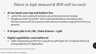 Talent in high demand & ROI still too early
Reference - McKinsey & co HBR Survey, Engagednet
8
• AI can boost your top and bottom line
 30% of the users scaling AI solutions are achieving revenue increase
 Google launched “Auto Ads” which automatically places and selects ads /
formats (revenue lift of 10 percent with revenue increases ranging from five to 15
percent)
• # of open jobs in AI / ML / Data Science – 150K
• Digital capabilities come before AI
 Odds of generating profit from using AI are 50% higher for companies that have
strong experience in digitization.
 