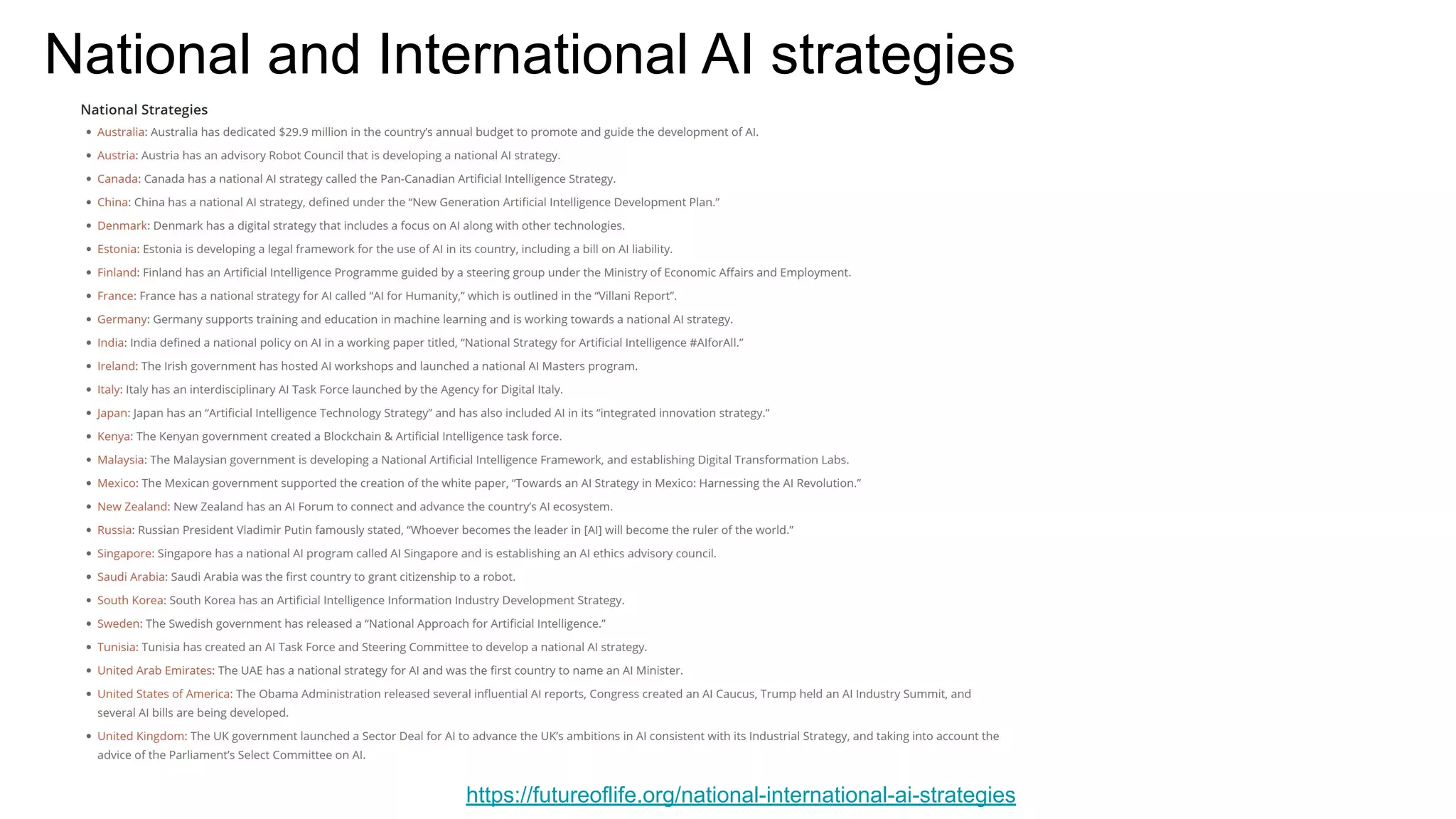 National and International AI strategies
https://futureoflife.org/national-international-ai-strategies
 