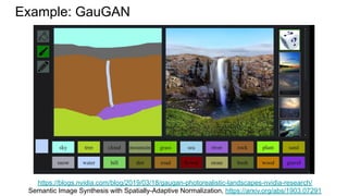 Example: GauGAN
https://blogs.nvidia.com/blog/2019/03/18/gaugan-photorealistic-landscapes-nvidia-research/
Semantic Image Synthesis with Spatially-Adaptive Normalization, https://arxiv.org/abs/1903.07291
 