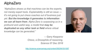 AlphaZero
http://science.sciencemag.org/content/362/6419/1087
“AlphaZero shows us that machines can be the experts,
not merely expert tools. Explainability is still an issue —
it's not going to put chess coaches out of business just
yet. But the knowledge it generates is information
we can all learn from. Alpha-Zero is surpassing us in a
profound and useful way, a model that may be
duplicated on any other task or field where virtual
knowledge can be generated.”
-- Garry Kasparov
Chess, a Drosophila of reasoning,
Science 07 Dec 2018
 