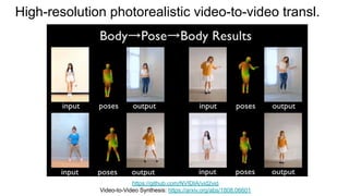 High-resolution photorealistic video-to-video transl.
https://github.com/NVIDIA/vid2vid
Video-to-Video Synthesis: https://arxiv.org/abs/1808.06601
 