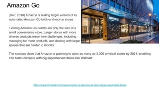 Amazon Go
https://www.techradar.com/news/amazon-is-planning-to-open-bigger-automated-stores
(Dec, 2018) Amazon is testing larger version of its
automated Amazon Go brick-and-mortar stores.
Existing Amazon Go outlets are only the size of a
small convenience store. Larger stores with more
diverse products mean new challenges, including
managing far more products, and dealing with larger
spaces that are harder to monitor.
The sources claim that Amazon is planning to open as many as 3,000 physical stores by 2021, enabling
it to better compete with big supermarket chains like Walmart
 