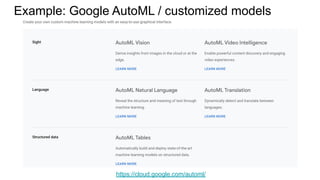 Example: Google AutoML / customized models
https://cloud.google.com/automl/
 