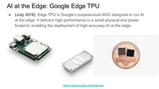 AI at the Edge: Google Edge TPU
● (July 2018) Edge TPU is Google’s purpose-built ASIC designed to run AI
at the edge. It delivers high performance in a small physical and power
footprint, enabling the deployment of high-accuracy AI at the edge.
https://cloud.google.com/edge-tpu/
 