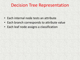 Decision Tree Representation
• Each internal node tests an attribute
• Each branch corresponds to attribute value
• Each leaf node assigns a classification
 