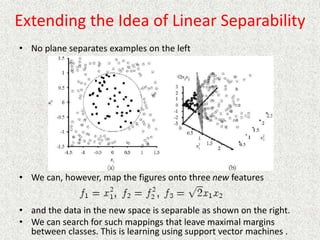 Extending the Idea of Linear Separability
• No plane separates examples on the left
• We can, however, map the figures onto three new features
• and the data in the new space is separable as shown on the right.
• We can search for such mappings that leave maximal margins
between classes. This is learning using support vector machines .
 