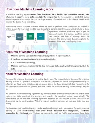 How does Machine Learning work
A Machine Learning system learns from historical data, builds the prediction models, and
whenever it receives new data, predicts the output for it. The accuracy of predicted output
depends upon the amount of data, as the huge amount of data helps to build a better model which
predicts the output more accurately.
Suppose we have a complex problem, where we need to perform some predictions, so instead of
writing a code for it, we just need to feed the data to generic algorithms, and with the help of these
algorithms, machine builds the logic as per the
data and predict the output. Machine learning
has changed our way of thinking about the
problem. The below block diagram explains the
working of Machine Learning algorithm:
Features of Machine Learning:
o Machine learning uses data to detect various patterns in a given dataset.
o It can learn from past data and improve automatically.
o It is a data-driven technology.
o Machine learning is much similar to data mining as it also deals with the huge amount of the
data.
Need for Machine Learning
The need for machine learning is increasing day by day. The reason behind the need for machine
learning is that it is capable of doing tasks that are too complex for a person to implement directly. As
a human, we have some limitations as we cannot access the huge amount of data manually, so for
this, we need some computer systems and here comes the machine learning to make things easy for
us.
We can train machine learning algorithms by providing them the huge amount of data and let them
explore the data, construct the models, and predict the required output automatically. The
performance of the machine learning algorithm depends on the amount of data, and it can be
determined by the cost function. With the help of machine learning, we can save both time and
money.
The importance of machine learning can be easily understood by its uses cases, Currently, machine
learning is used in self-driving cars, cyber fraud detection, face recognition, and friend
suggestion by Facebook, etc. Various top companies such as Netflix and Amazon have build
 