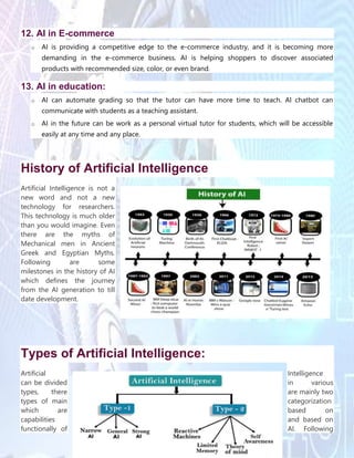 12. AI in E-commerce
o AI is providing a competitive edge to the e-commerce industry, and it is becoming more
demanding in the e-commerce business. AI is helping shoppers to discover associated
products with recommended size, color, or even brand.
13. AI in education:
o AI can automate grading so that the tutor can have more time to teach. AI chatbot can
communicate with students as a teaching assistant.
o AI in the future can be work as a personal virtual tutor for students, which will be accessible
easily at any time and any place.
History of Artificial Intelligence
Artificial Intelligence is not a
new word and not a new
technology for researchers.
This technology is much older
than you would imagine. Even
there are the myths of
Mechanical men in Ancient
Greek and Egyptian Myths.
Following are some
milestones in the history of AI
which defines the journey
from the AI generation to till
date development.
Types of Artificial Intelligence:
Artificial Intelligence
can be divided in various
types, there are mainly two
types of main categorization
which are based on
capabilities and based on
functionally of AI. Following
 