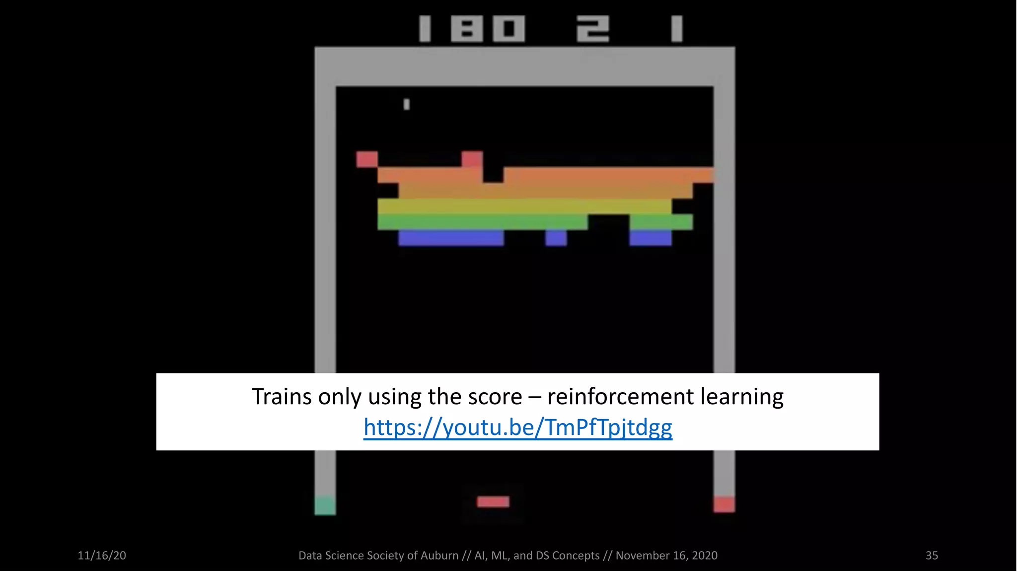 11/16/20 Data Science Society of Auburn // AI, ML, and DS Concepts // November 16, 2020 35
Trains only using the score – reinforcement learning
https://youtu.be/TmPfTpjtdgg
 