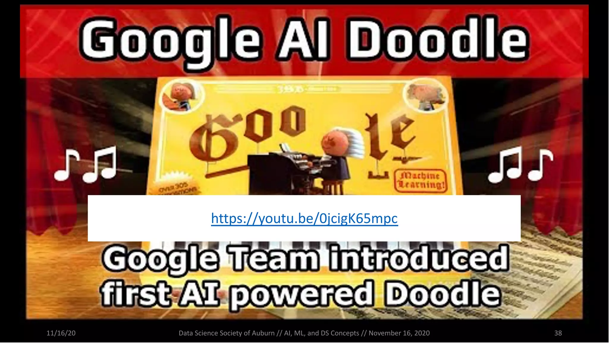 11/16/20 Data Science Society of Auburn // AI, ML, and DS Concepts // November 16, 2020 38
https://youtu.be/0jcigK65mpc
 