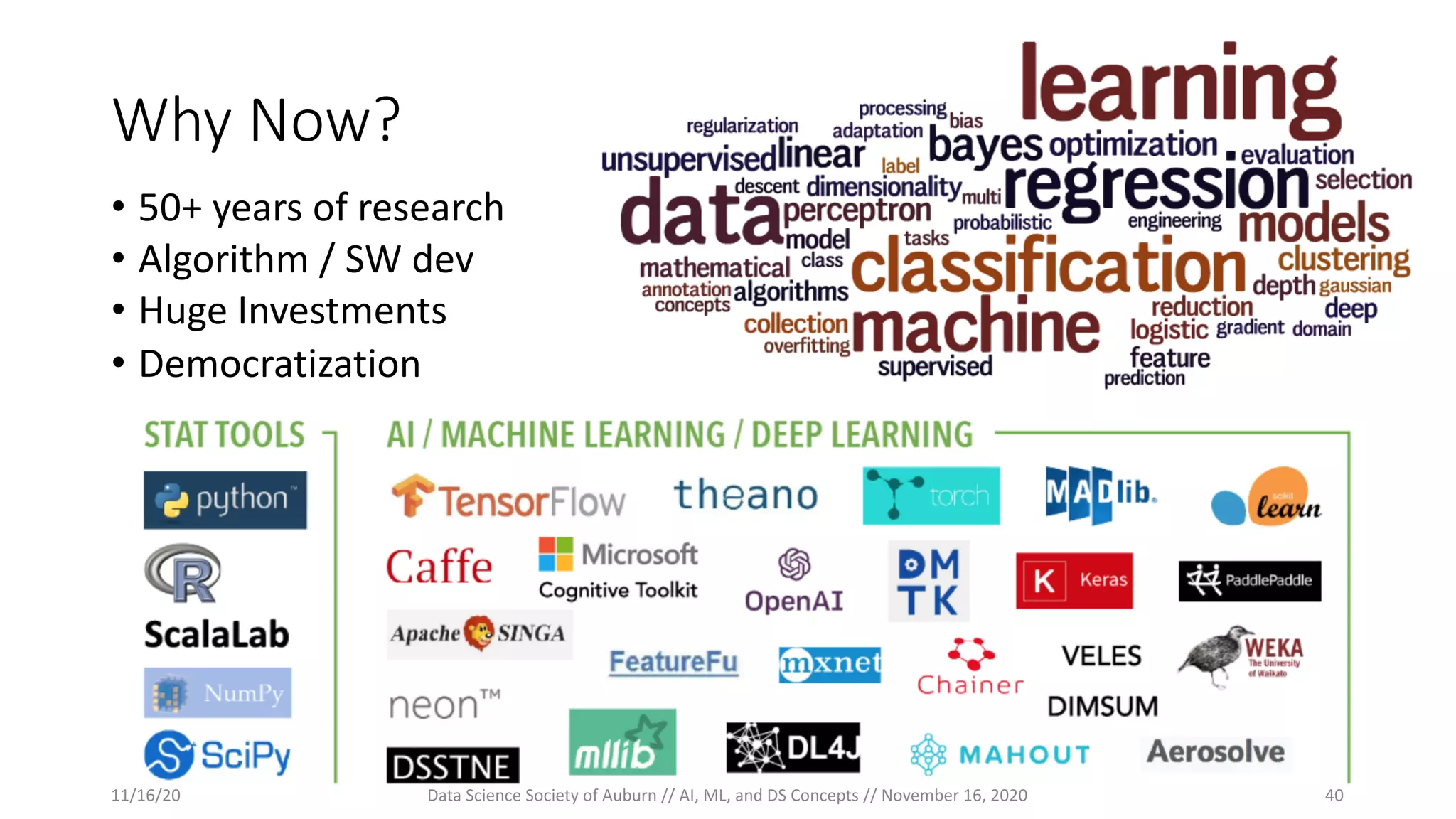 Why Now?
• 50+ years of research
• Algorithm / SW dev
• Huge Investments
• Democratization
11/16/20 Data Science Society of Auburn // AI, ML, and DS Concepts // November 16, 2020 40
 