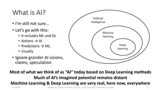 What is AI?
• I’m still not sure…
• Let’s go with this:
• It includes ML and DL
• Actions → AI
• Predictions → ML
• Usually
• Ignore grander AI visions,
claims, speculation
Most of what we think of as “AI” today based on Deep Learning methods
Much of AI’s imagined potential remains distant
Machine Learning & Deep Learning are very real, here now, everywhere
11/16/20 Data Science Society of Auburn // AI, ML, and DS Concepts // November 16, 2020 22
 