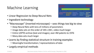 Machine Learning
• Linear Regression to Deep Neural Nets
• Ingredient technology
• “Macroscope” (inverted microscope) – sees things too big to view
• Deep Neural Nets with tens of millions of parameters
• Image data sets on the order of 1M x 1M+, video much larger
• Entire USPTO archive (text and images), over 4M patents to 1976
• Many data sets much larger
• Learns by finding statistical structure in training examples
• Meaningful transformation / representations of data
• Largely empirical methods
11/16/20 Data Science Society of Auburn // AI, ML, and DS Concepts // November 16, 2020 26
 