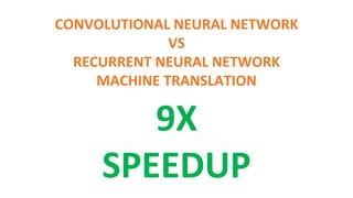 CONVOLUTIONAL NEURAL NETWORK
VS
RECURRENT NEURAL NETWORK
MACHINE TRANSLATION
9X
SPEEDUP
 