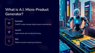 What is A.I. Micro-Product
Generator?
Generate
ChatGPT creates valuable digital products automatically
Launch
System builds sales funnels and listings
Sell
Platform handles marketing and delivery
 