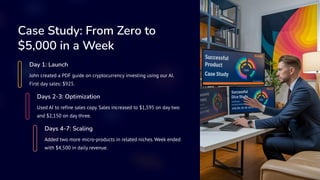 Case Study: From Zero to
$5,000 in a Week
Day 1: Launch
John created a PDF guide on cryptocurrency investing using our AI.
First day sales: $925.
Days 2-3: Optimization
Used AI to refine sales copy. Sales increased to $1,595 on day two
and $2,150 on day three.
Days 4-7: Scaling
Added two more micro-products in related niches. Week ended
with $4,500 in daily revenue.
 