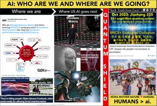 AI: WHO ARE WE AND WHERE ARE WE GOING?
Where we are
7+ mln deaths, GFC
AI BIO-RISKS
Where US AI goes next
Mindless
Matrix
Q
U
A
N
T
U
M
S
H
I
E
L
D
Oct 2023: Jiuzhang 255
$2+ quadrillion quantum system
Can solve Millennium maths problems.
BRICS+ Ecological Civilization
8 ∞ 波, 8 状态, 8 维度, 16天台,
量子相干性, 阴阳中孚, 道德道理.
量子遗传学, 语言, 理论和经济学一致性.
NÜWA MOTHER NATURE 💖 HUMANS.
HUMANS > ai.
© TWAIN 2023. ALL RIGHTS RESERVED.
 