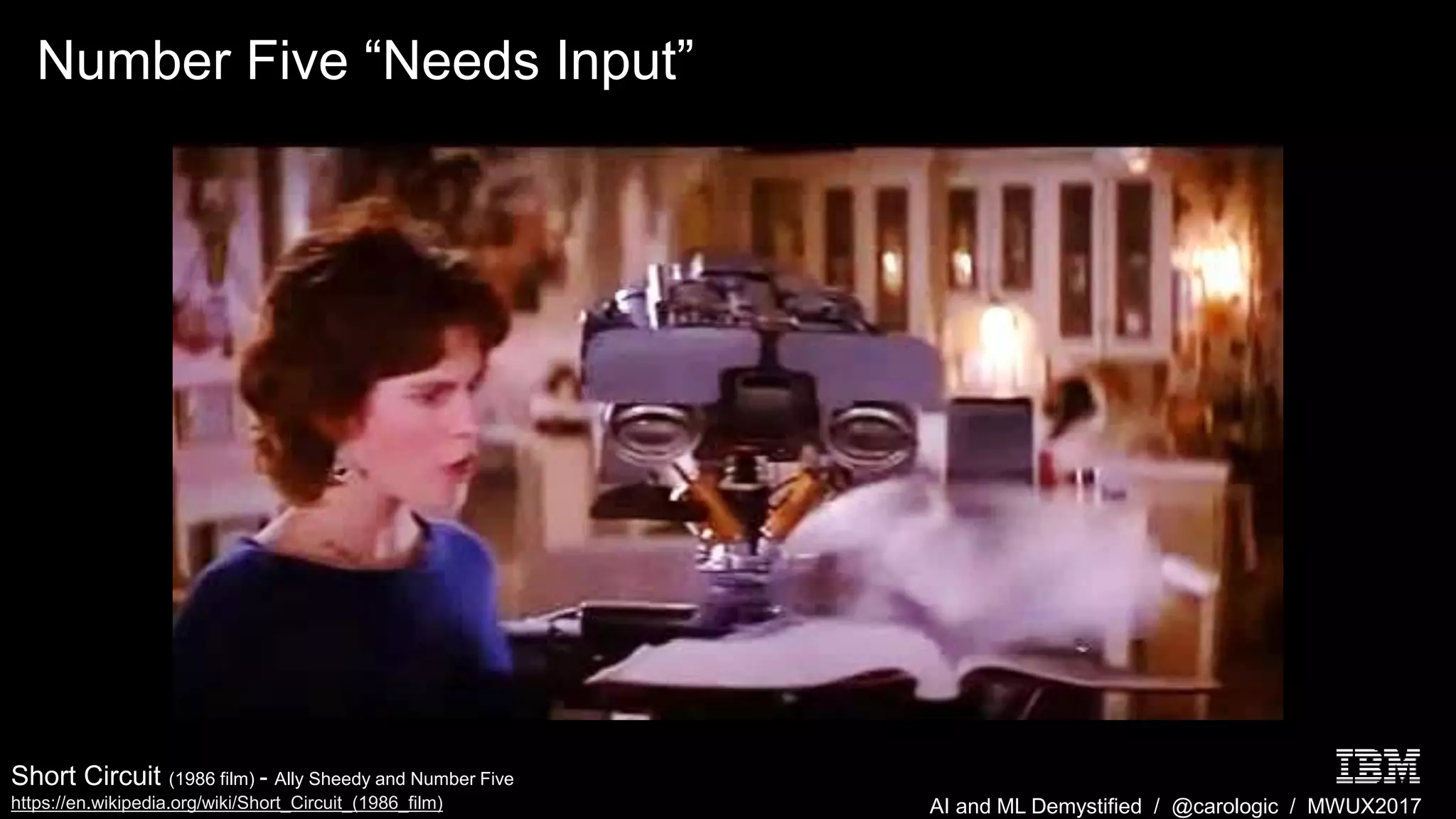 AI and ML Demystified / @carologic / MWUX2017
Number Five “Needs Input”
Short Circuit (1986 film) - Ally Sheedy and Number Five
https://en.wikipedia.org/wiki/Short_Circuit_(1986_film)
 