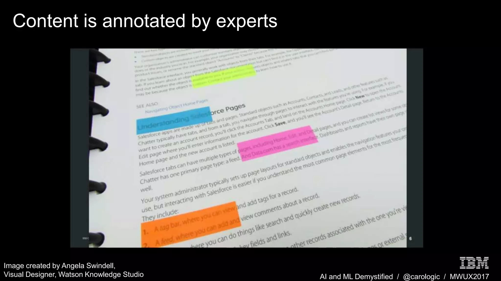 AI and ML Demystified / @carologic / MWUX2017
Content is annotated by experts
Image created by Angela Swindell,
Visual Designer, Watson Knowledge Studio
 