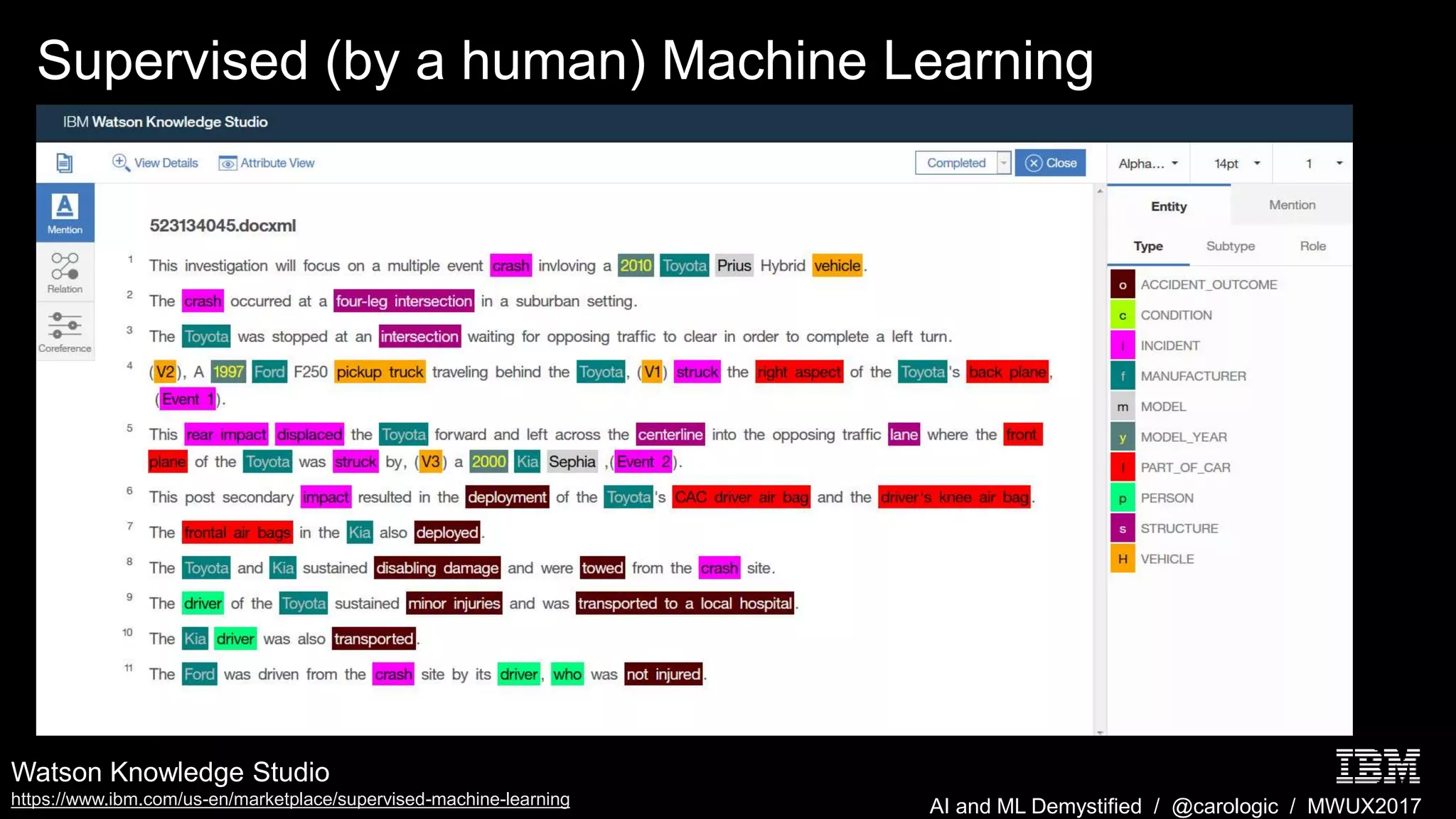 AI and ML Demystified / @carologic / MWUX2017
Supervised (by a human) Machine Learning
Watson Knowledge Studio
https://www.ibm.com/us-en/marketplace/supervised-machine-learning
 