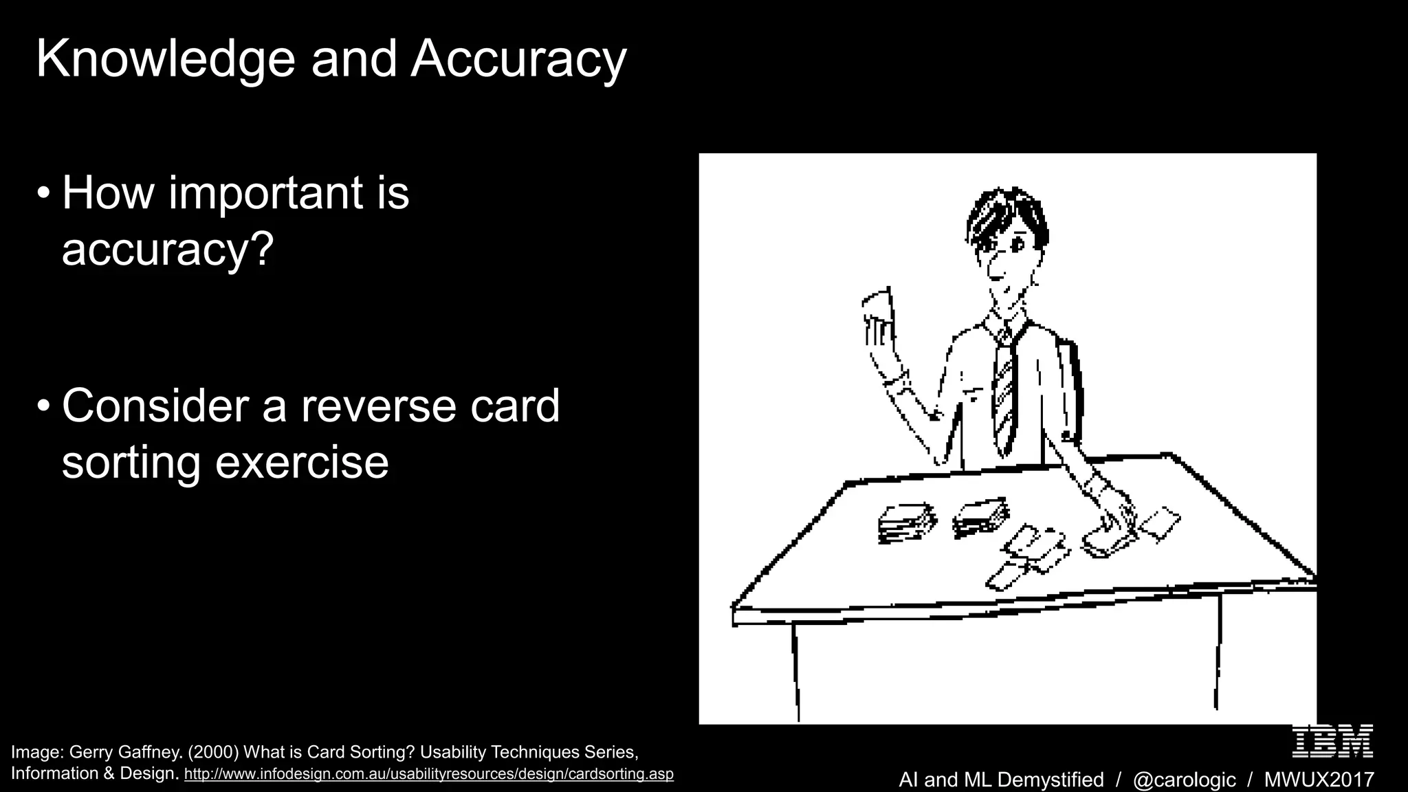 AI and ML Demystified / @carologic / MWUX2017
Knowledge and Accuracy
• How important is
accuracy?
• Consider a reverse card
sorting exercise
Image: Gerry Gaffney. (2000) What is Card Sorting? Usability Techniques Series,
Information & Design. http://www.infodesign.com.au/usabilityresources/design/cardsorting.asp
 