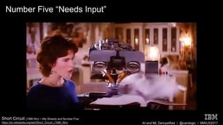 AI and ML Demystified / @carologic / MWUX2017
Number Five “Needs Input”
Short Circuit (1986 film) - Ally Sheedy and Number Five
https://en.wikipedia.org/wiki/Short_Circuit_(1986_film)
 