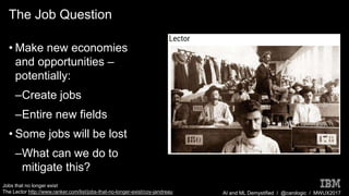 AI and ML Demystified / @carologic / MWUX2017
The Job Question
• Make new economies
and opportunities –
potentially:
–Create jobs
–Entire new fields
• Some jobs will be lost
–What can we do to
mitigate this?
Jobs that no longer exist
The Lector http://www.ranker.com/list/jobs-that-no-longer-exist/coy-jandreau
 