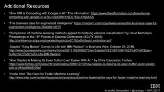 AI and ML Demystified / @carologic / MWUX2017
Additional Resources
• “How IBM is Competing with Google in AI.” The Information. https://www.theinformation.com/how-ibm-is-
competing-with-google-in-ai?eu=2zIDMNYNjDp7KqL4YqAXXA
• “The business case for augmented intelligence” https://medium.com/cognitivebusiness/the-business-case-for-
augmented-intelligence-36afa64cd675
• “Comparison of machine learning methods applied to birdsong element classification” by David Nicholson.
Proceedings of the 15th Python in Science Conference (SCIPY 2016).
http://conference.scipy.org/proceedings/scipy2016/pdfs/david_nicholson.pdf
• “Staples’ “Easy Button” Comes to Life with IBM Watson” in Business Wire, October 25, 2016.
http://www.businesswire.com/news/home/20161025006273/en/Staples%E2%80%99-%E2%80%9CEasy-
Button%E2%80%9D-Life-IBM-Watson
• “How Staples Is Making Its Easy Button Even Easier With A.I.” by Chris Cancialosi, Forbes.
https://www.forbes.com/sites/chriscancialosi/2016/12/13/how-staples-is-making-its-easy-button-even-easier-
with-a-i/#4ae66e8359ef
• “Inside Intel: The Race for Faster Machine Learning”
http://www.intel.com/content/www/us/en/analytics/machine-learning/the-race-for-faster-machine-learning.html
 
