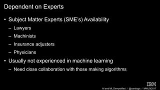 AI and ML Demystified / @carologic / MWUX2017
Dependent on Experts
• Subject Matter Experts (SME’s) Availability
– Lawyers
– Machinists
– Insurance adjusters
– Physicians
• Usually not experienced in machine learning
– Need close collaboration with those making algorithms
 