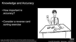 AI and ML Demystified / @carologic / MWUX2017
Knowledge and Accuracy
• How important is
accuracy?
• Consider a reverse card
sorting exercise
Image: Gerry Gaffney. (2000) What is Card Sorting? Usability Techniques Series,
Information & Design. http://www.infodesign.com.au/usabilityresources/design/cardsorting.asp
 