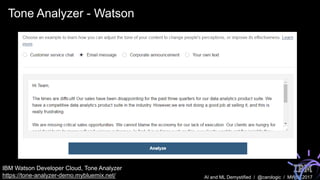 AI and ML Demystified / @carologic / MWUX2017
Tone Analyzer - Watson
IBM Watson Developer Cloud, Tone Analyzer
https://tone-analyzer-demo.mybluemix.net/
 