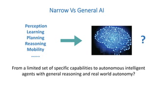 Narrow Vs General AI
From a limited set of specific capabilities to autonomous intelligent
agents with general reasoning and real world autonomy?
?
Perception
Learning
Planning
Reasoning
Mobility
…....
 