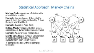 Markov Chain: sequence of states with
probabilistic relation
Example: In a sentence, if there is the
word X then there is a probability P than
the next word will be Y
Example: Google’s Page Rank
Hidden Markov model: Hidden states,
operates as a dynamic Bayesian network
Example: Apple’s voice recognition
Monte Carlo Chain: random values from
probability distributions, then find
outputs from each set of values
-> complex models without complex
functions
Statistical Approach: Markov Chains
Source: Wikimedia Commons.
 