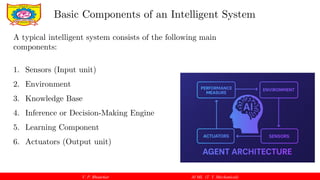 V. P. Bhaurkar AI ML (T. Y. Mechanical)
A typical intelligent system consists of the following main
components:
1. Sensors (Input unit)
2. Environment
3. Knowledge Base
4. Inference or Decision-Making Engine
5. Learning Component
6. Actuators (Output unit)
Basic Components of an Intelligent System
 