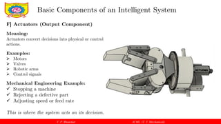 V. P. Bhaurkar AI ML (T. Y. Mechanical)
Basic Components of an Intelligent System
F] Actuators (Output Component)
Meaning:
Actuators convert decisions into physical or control
actions.
Examples:
 Motors
 Valves
 Robotic arms
 Control signals
Mechanical Engineering Example:
 Stopping a machine
 Rejecting a defective part
 Adjusting speed or feed rate
This is where the system acts on its decision.
 